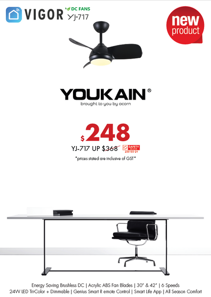 Youkain Vigor Downrod YJ-717 30"/42" Small Ceiling Fan