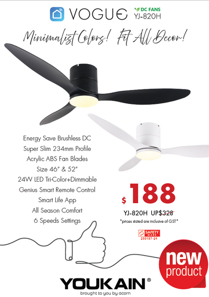 Youkain Vogue YJ-820H 46"/52" Hugger Ceiling Fan