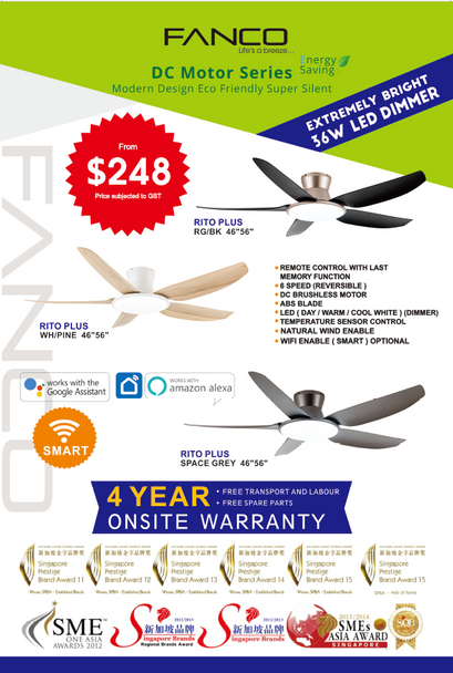 Fanco Rito Plus 5 Blade 46 /56 inch Ceiling Fan (Brightest LED 36W)