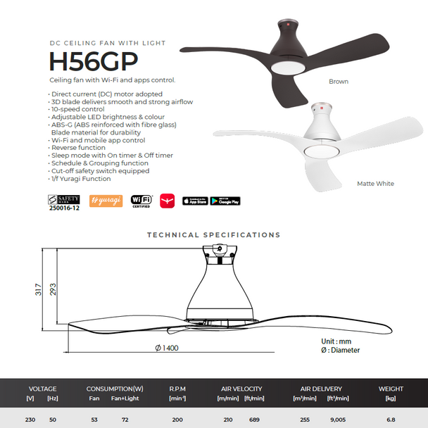 7.7 SALE: KDK Airy Bundle H56GP + E48GP  56" + 48" DC LED Ceiling Fan with Light