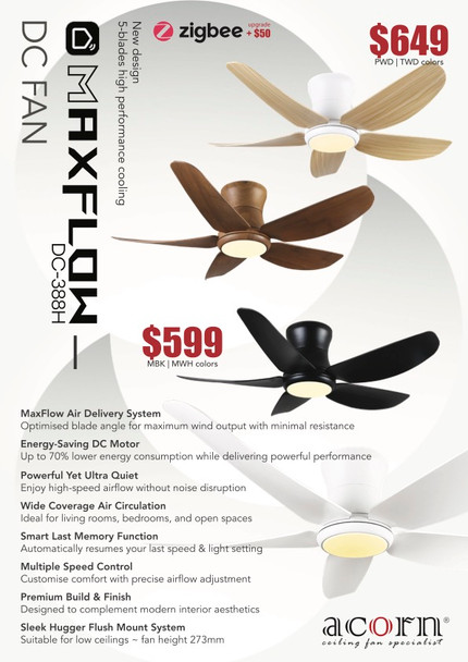 Acorn MaxFlow DC388H 42"/52" Hugger Ceiling Fan