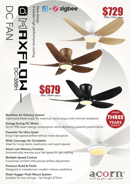 Acorn MaxFlow DC388H 42"/52" Hugger Ceiling Fan