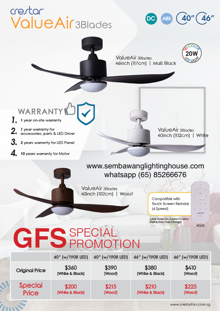 Crestar Valueair 3 Blade 40"/46" DC Motor Ceiling Fan Sembawang Lighting House Pte Ltd