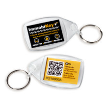 ImmobiKey showing front and back. Each pack contains 2 QR coded tags