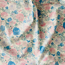 Cosmo: Flower Garden - Pink and Blue Roses on Almond (LAWN) Cosmo: Flower Garden - Pink and Blue Roses on Almond (LAWN)