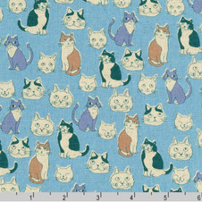 Sevenberry: Cats on Sky Blue - Cotton Flax Sevenberry: Cats on Sky Blue - Cotton Flax