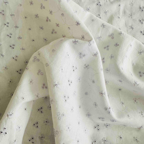 Embroidered Lilac Florals on White Cotton Linen - 63" wide