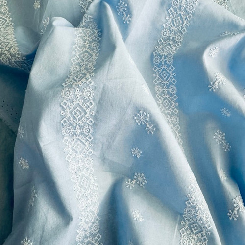 Ice Blue Snowflake Stripe Embroidered Lawn - 48" wide