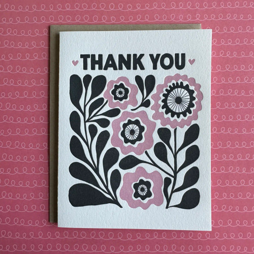 Lucky Bee Press: Thank You Black Pink Flowers Letterpress Card
