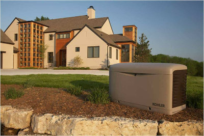 Kohler air-cooled standby generator installed with landscaping outside large home