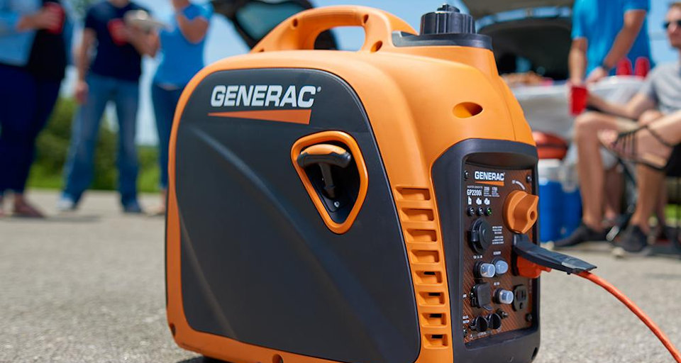 Portable Inverter Generators Like the IQ2000 are Quiet and Fuel Efficient Generac GP2200i Inverter Generator at a Tailgate Party