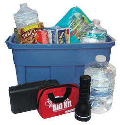 Portable emergency kit. A plastic tub of supplies ready to go. National Weather Service Image