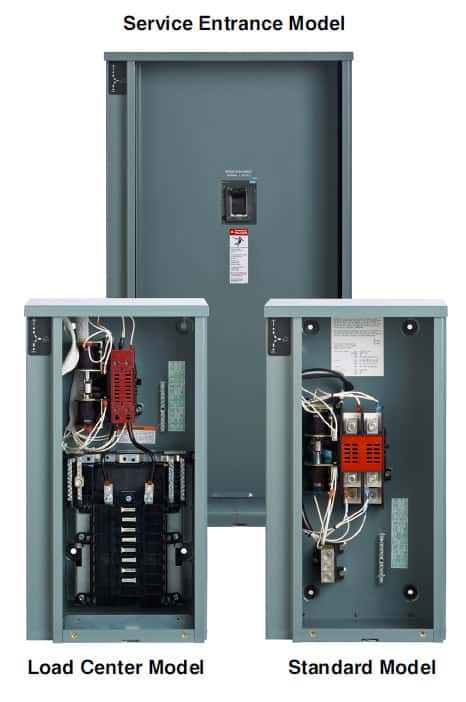 Kohler RXT Automatic Transfer Switch Shown with Service Entrance, Load Center, and Standard Models