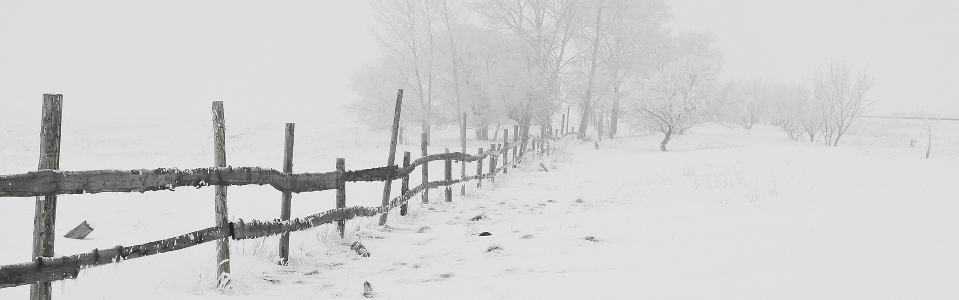 A country road completely obscurred by snow and ice during a winter storm.
