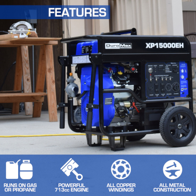 DuroMax XP15000EH with Feature highlights including dual fuel operation on propane and gasoline, 713cc engine, all copper windings, all metal construction.