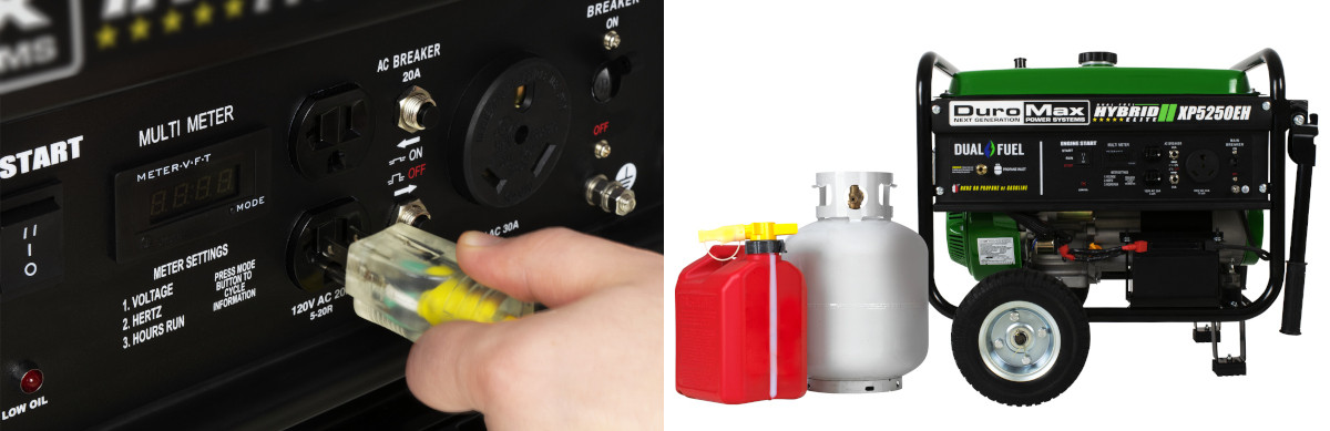DuroMax RV Ready XP5250EH Generator Collage with Panel and Fuel Tanks for Propane or Gasoline