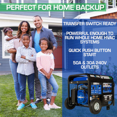 Perfect for Home Backup DuroMax Family & Home with XP10000HX CO Alert Generator featuring Transfer Switch Ready, runs HVAC, Push Button Start, 50 amp 30 Amp 240 Volt Outlets