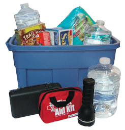 An Emergency Kit with food, water, flashlights, first aid, and personal items