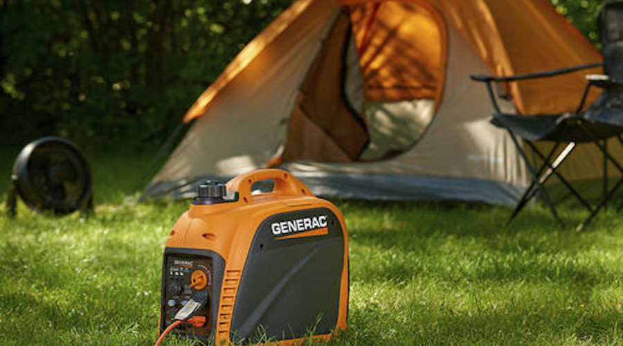 Inverter Generator - Generac GP2200i at campsite with chair, fan, and tent