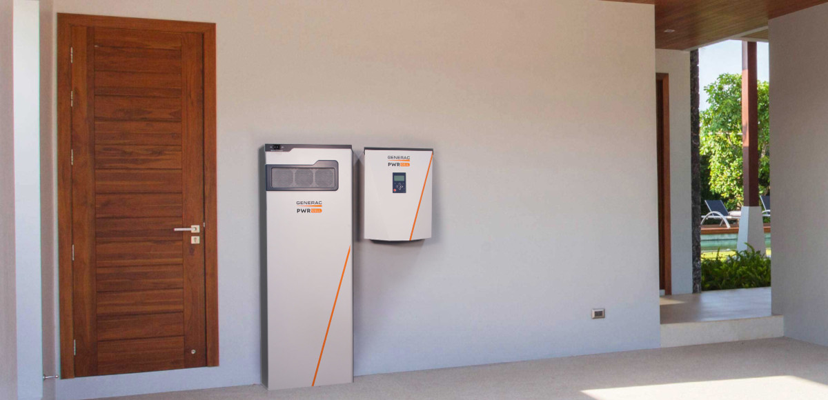 A Generac PWRcell Battery Cabinet and Inverter Installed in a Garage.
