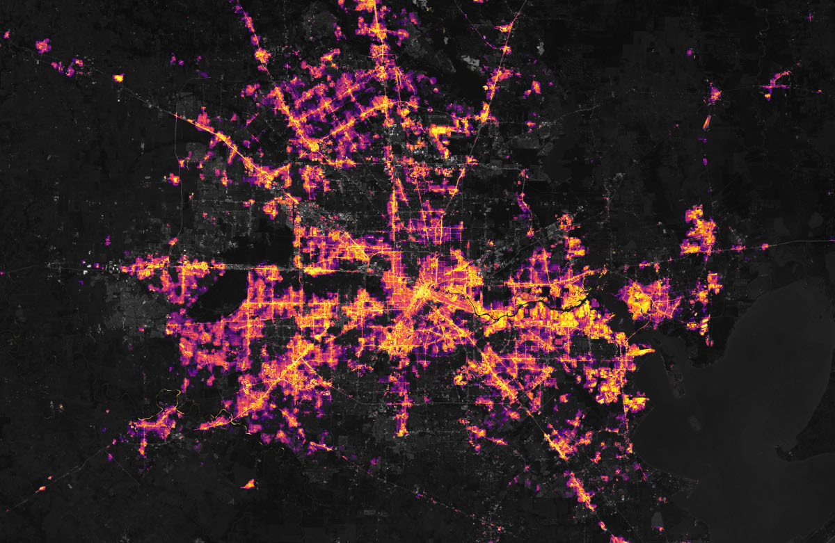 Nighttime satellite image of Houston Texas on February 16 showing large areas without power due to the winter storms and freezing temperatures. (NASA Image)