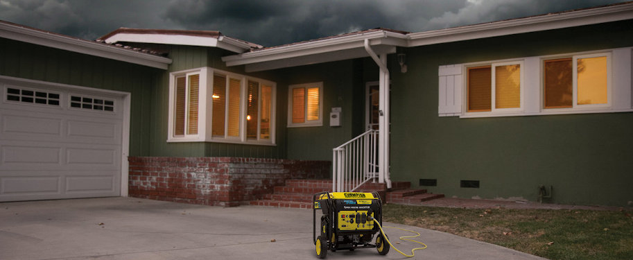 A Champion 8750-Watt Open Frame Inverter Generator on a driveway with extension cord to house during a power outage