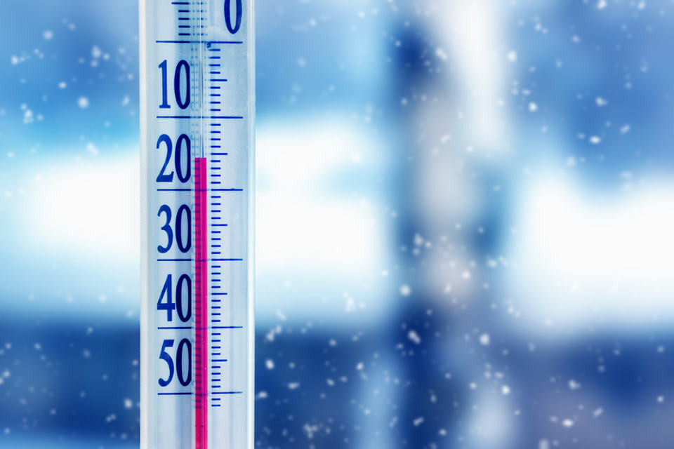 A thermometer displays a temperature of  -15 Degrees, well below the normal operating range for most natural gas home backup generators.