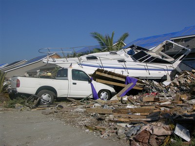 Debris and vehicles piled up by hurricane Katrina