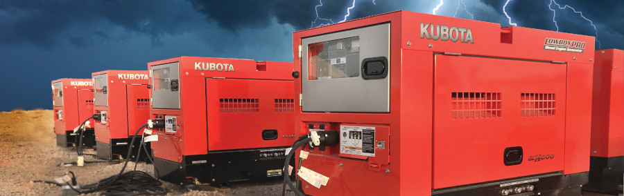 Four Kubota Lowboy Portable Diesel Generators with a thunderstorm in the background