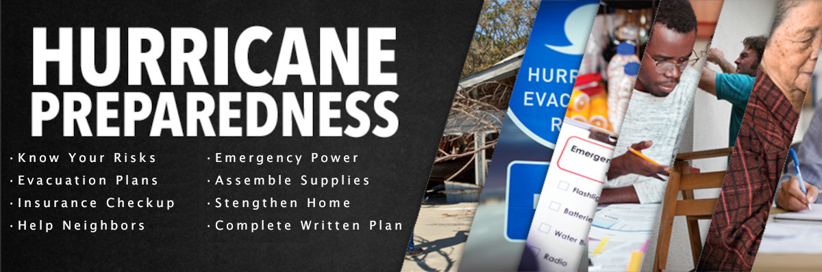 Hurricane Preparedness Steps: Risk Assessment, Evacuation Plan, Emergency Power, Supplies, Insurance, Strengthen Home, Help Neighbors, Completed Plan