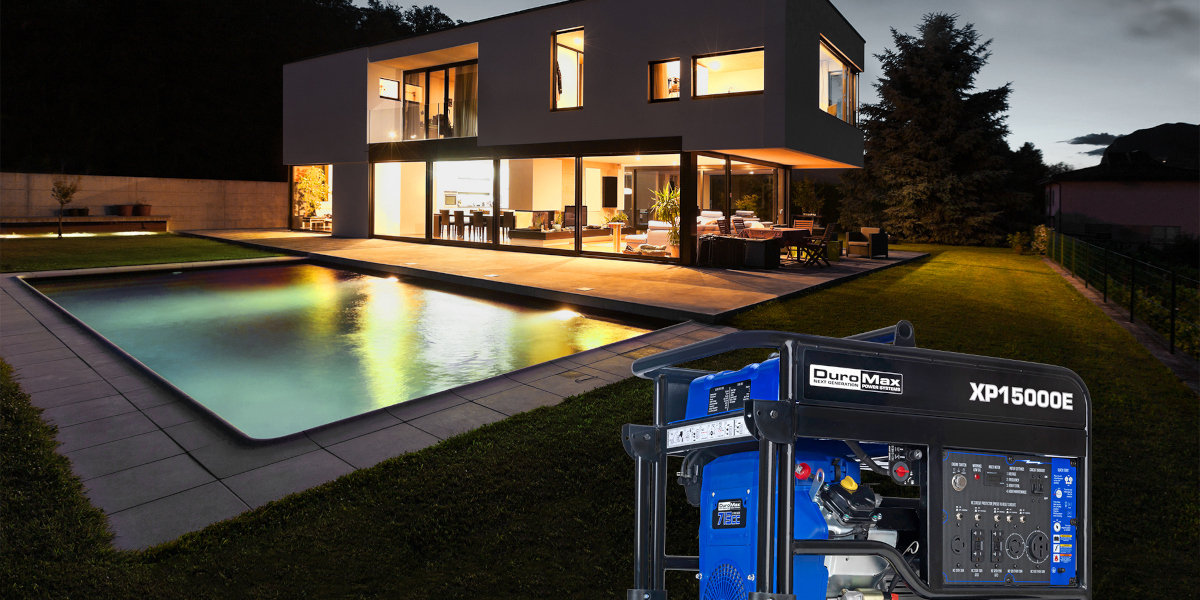 Duromax 12000 Watt / 15000 Watt Generator Backs up Power to Home with Swimming Pool and Patio in a Power Outage XP15000E