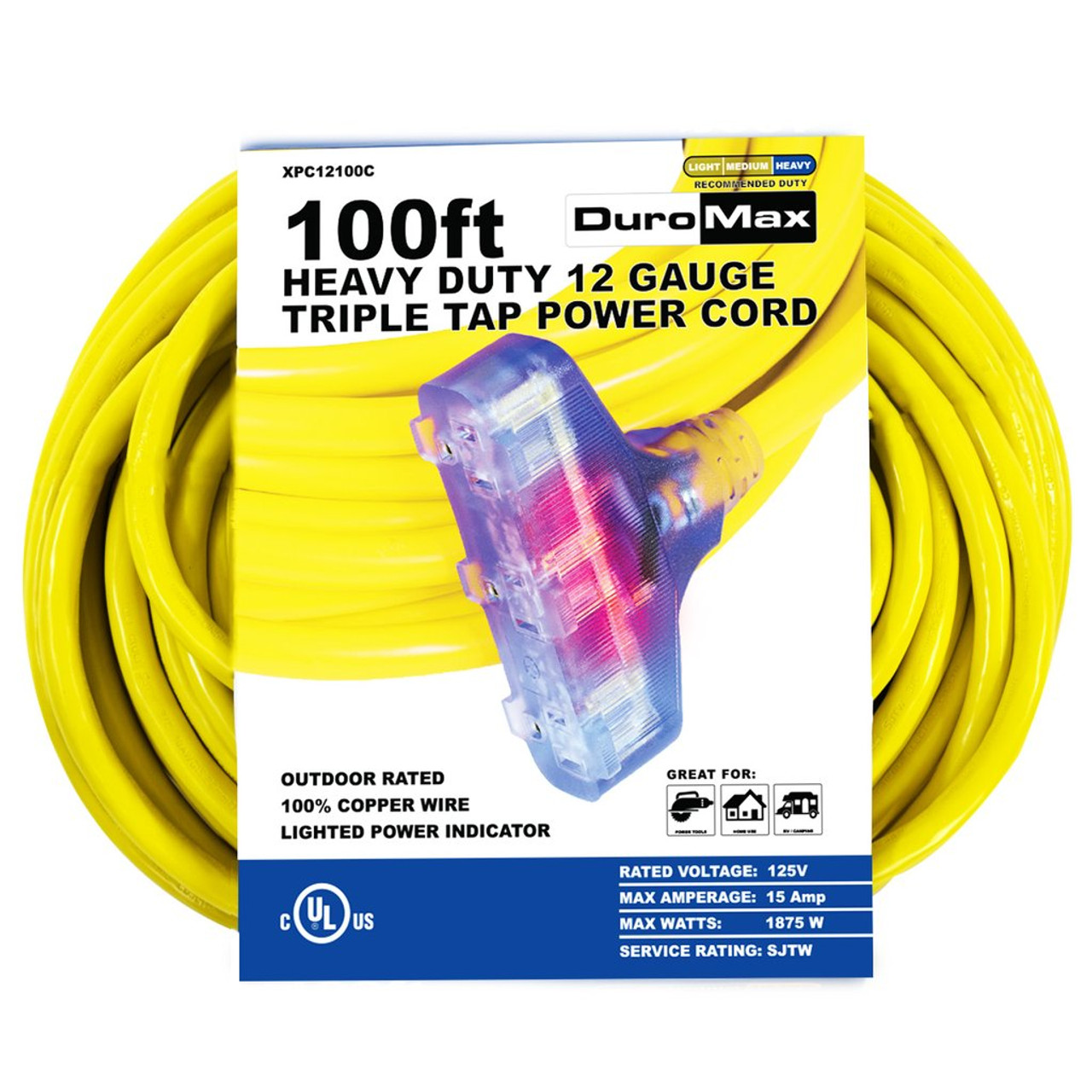 DuroMax 12 Gauge Extension Cord 100 Ft Triple Outlet