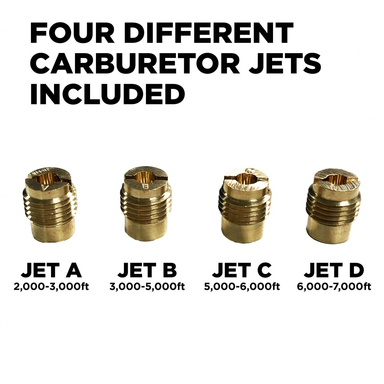 Four High Altitude Carburetor Jets for the 98cc P2500i engine shown with altitude ranges.