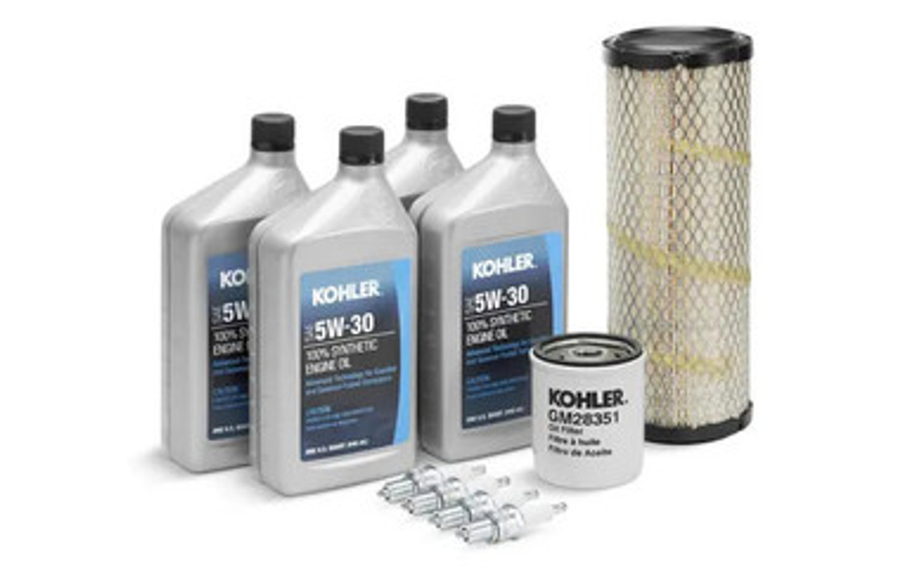 Kohler Maintenance Kit for 15 RES/RESA/RYG/REYG or 30 RES/30RESA/RYG/REYG Generators. OEM Contents include 4 quarts 5W-30 oil, 4 spark plugs, oil filter, and air filter.