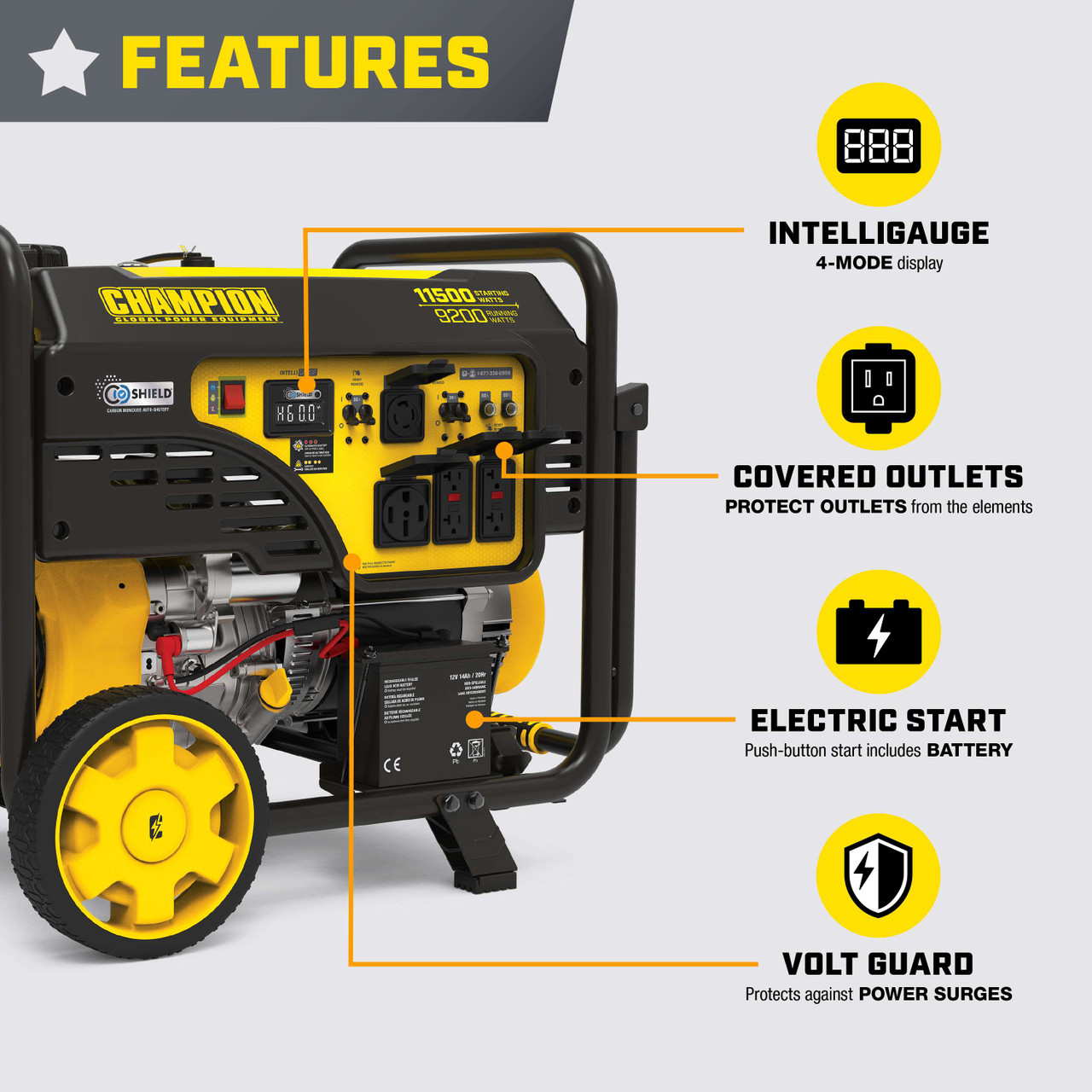 Champion 9200 Watt Generator Features: Electric Start, Intelligauge, Covered Outlets, Volt Guard Power Surge Protection
