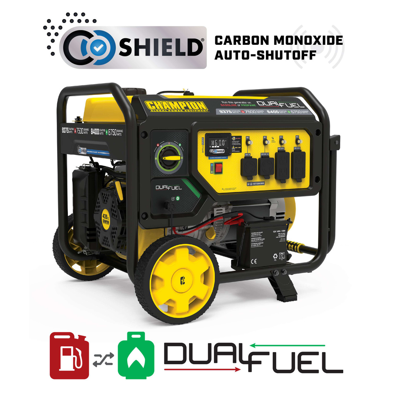 Champion 7500W Electric Start Dual Fuel CO Shield