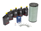 Briggs & Stratton 48kW 60kW maintenance kit with synthetic oil, oil filter, air filter, spark plugs, oil filler cap, and foam pre cleaner.