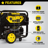 Main Features of the Champion 12000-Watt Generator: Push Button Electric Start, Included 12-Volt Automotive Style Battery, Intelligauge Volts, Frequency, and Hours, GFCI Outlets, Volt Guard Power Surge Protection.