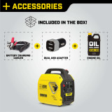 Champion 2500 Watt Inverter Generator Includes Battery Charging Cables, Dual USB Adapter, 10W-30 Oil.