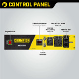 The Champion 3650 Generator Control Panel with Outlets, Fuses, Intelligauge, On/Off Switch, and Breakers.