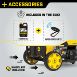 Accessories Included for 7500 Watt Champion Remote Start Generator Bottle of 10W-30 Engine Oil, Wireless Remote Fob, Oil Funnel, and Wheel Kit.