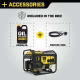 The Champion RV Ready Generator Box Includes a bottle of 10W-30 Oil, an Oil Funnel, and the Propane/LPG Hose and Regulator.