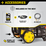 Accessories included with the Champion Tri Fuel Portable Generator: 10W-30 Oil, LPG Hose with Regulator, and the NG Hose Kit.