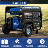 DuroMax XP12000EH Dual Fuel Generator Features : Runs on Gas or Propane. 457cc Engine. All Copper Windings. All Metal Open Frame Construction.