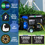 The DuroMax XP12000EH Runs on Gas or Propane, is Home Backup Ready. Durable All Metal Frame Construction and 100% Copper Windings. 12000/11400 Peak Watts. 9500/9025 Running Watts