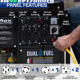 Multiple Panel Features with outlets and controls on the DuroMax XP12000EH Dual Fuel Generator.