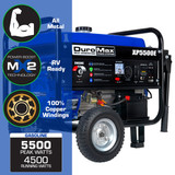 Product Highlights DuroMax 5500 Watt Generator XP5500E: Solid Open Frame All Metal Construction, MX2 Power Boost, 100% Copper Windings, 5500 Watts Max, 4500 Running Watts