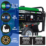 Product Highlights for the DuroMax XP4850EH 4850 Watt Generator: Dual Fuel Operation, MX2 Power Switch, 212cc Engine, 100% Copper Windings, 4850 Starting Watts/3850 Running Watts