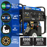 DuroMax Product Highlights 7000 Watt Generator Propane: Runs on Gas or Propane, MX2 PowerBoost Technology for full 120-Volt Power, All Metal Construction, 100% Copper Windings, 8500/7000 Watts