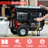 DuroStar DS10000EH Features include operation on gasoline or propane, the 439cc engine, an all copper alternator, and all metal open frame construction.